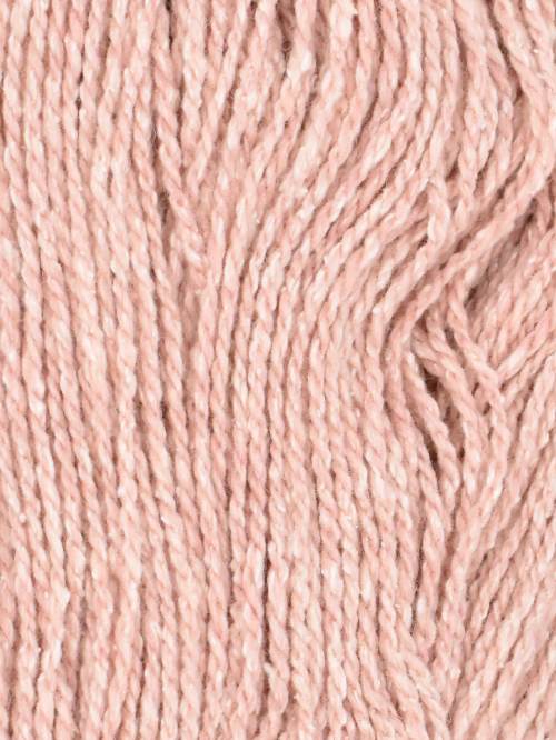 A close-up texture shot of dusty pink yarn strands, showing the soft, twisted fibers and color details.