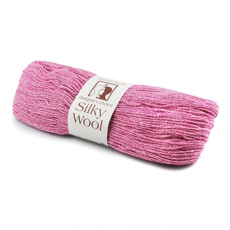 Pink skein of Silky Wool yarn with a label on a white background