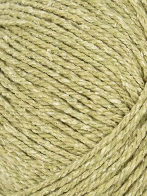 A close-up of twisted yarn strands in a muted light olive green color, filling the entire frame.