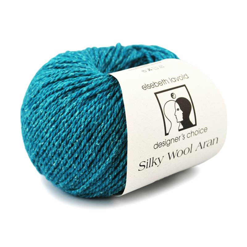 A ball of teal blue yarn with a white paper label that reads 'elizabeth lavold designer's choice Silky Wool Aran'.