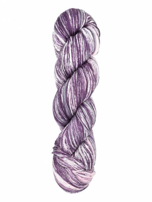 A single twisted skein of variegated yarn in shades of purple, lavender, and white, isolated on a solid white background.