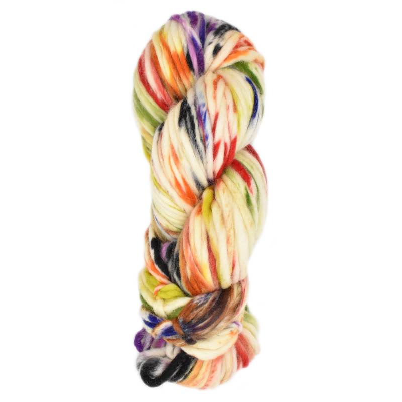 A single skein of variegated yarn with mixed colors including cream, orange, purple, green, yellow, and black, isolated on a white background.
