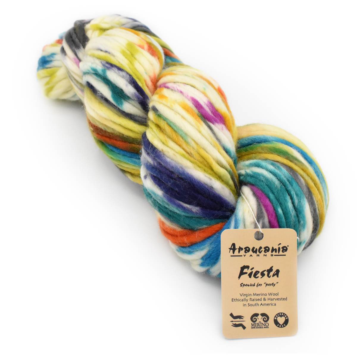 A skein of multicolor variegated yarn with a tan paper hangtag reading 'Artesano Pablo Fiesta' on a clean white background.