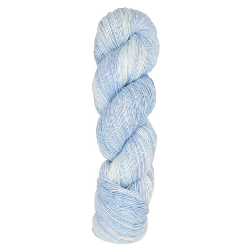 Blue and white skein of yarn on a white background