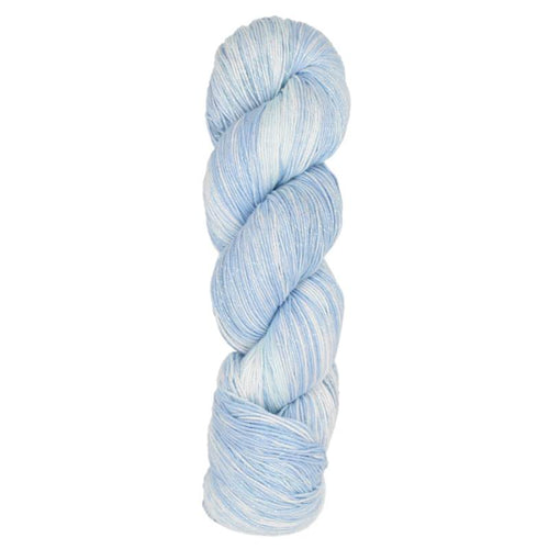Blue and white skein of yarn on a white background