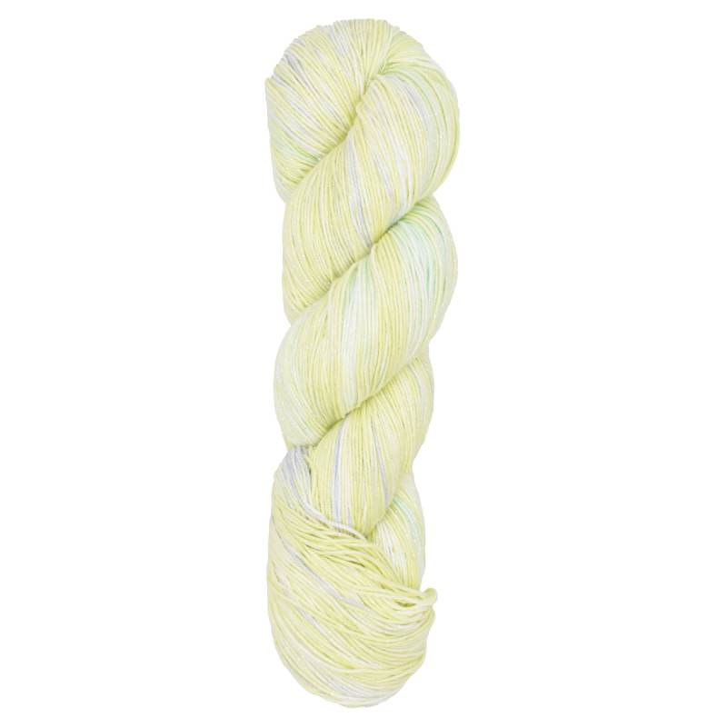 Yarn skein with light yellow and white colors on a white background