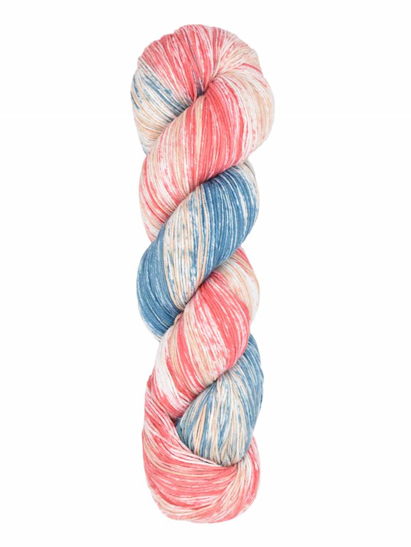 A single skein of variegated yarn with marled pink, blue, and off-white stripes, centered on a plain white background.