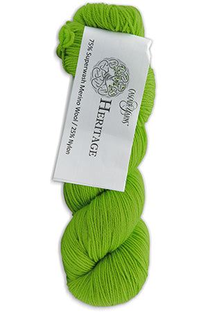 Green skein of yarn with a label on a white background