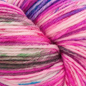 Close-up of multicolored yarn with pink, purple, and green hues.