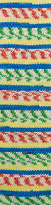 Colorful woven pattern with red, green, and blue stripes on a yellow background