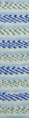 Patterned fabric swatch with blue and green design on a light blue background