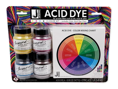 Ineward brand 4-color acid dye kit in blister packaging, featuring four small jars of acid dye and a color mixing chart.