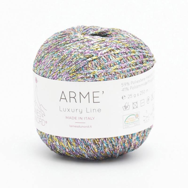 A ball of multicolor variegated yarn with a white paper label reading 'ARME Luxury Line' on a clean white background.