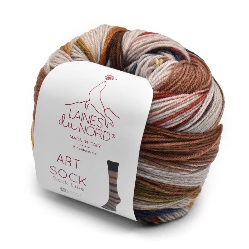 Ball of multicolored yarn with 'Laines du Nord' label on a white background