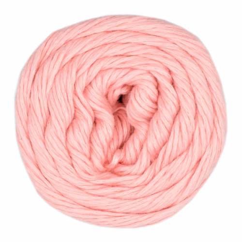A single ball of soft pink yarn photographed from above on a plain white background.