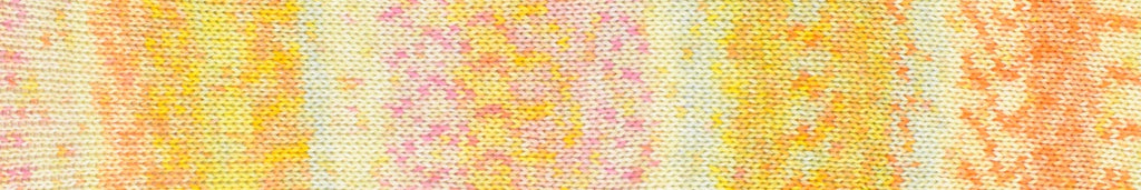 A close-up of a woven fabric texture with a repeating abstract pattern in pastel pink, yellow, and orange on a light cream background.