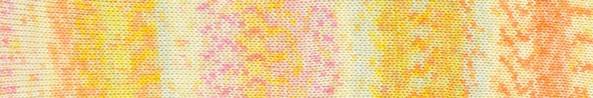A close-up of a woven fabric texture with a repeating abstract pattern in pastel pink, yellow, and orange on a light cream background.