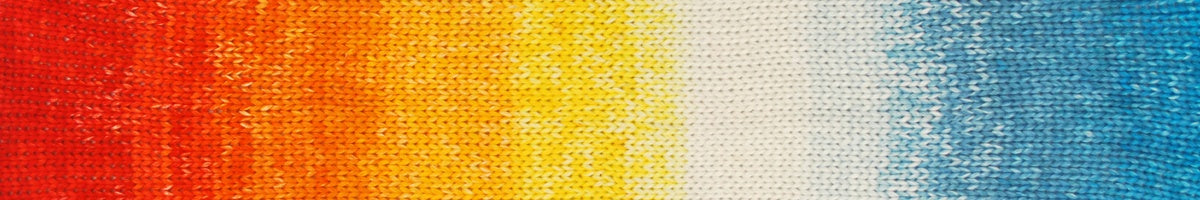A close-up fabric texture swatch showing a vertical color gradient transitioning from red and orange on the left, through yellow in the center, to white and light blue on the right.