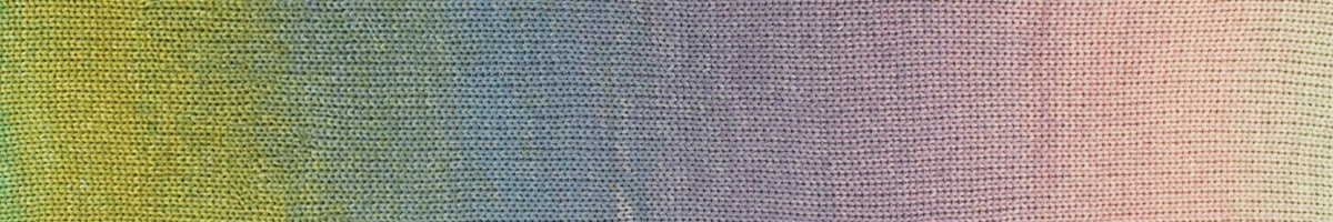 A close-up of a textured fabric swatch showing a smooth color gradient transitioning from yellow-green on the left, through blue and purple, to pink on the right.