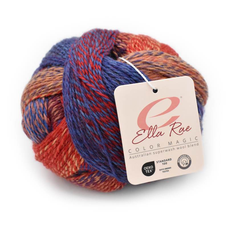 Multicolored skein of yarn with Ella Rae label on a white background