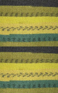 Close-up of a knitted fabric with horizontal stripes in olive green, yellow, and teal with dark gray geometric patterns.