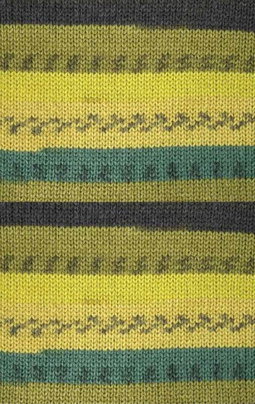 Close-up of a knitted fabric with horizontal stripes in olive green, yellow, and teal with dark gray geometric patterns.