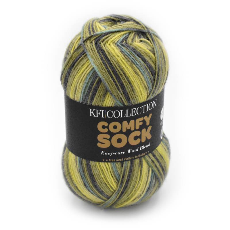Ball of yarn with a KFI Collection Comfy Sock label on a white background
