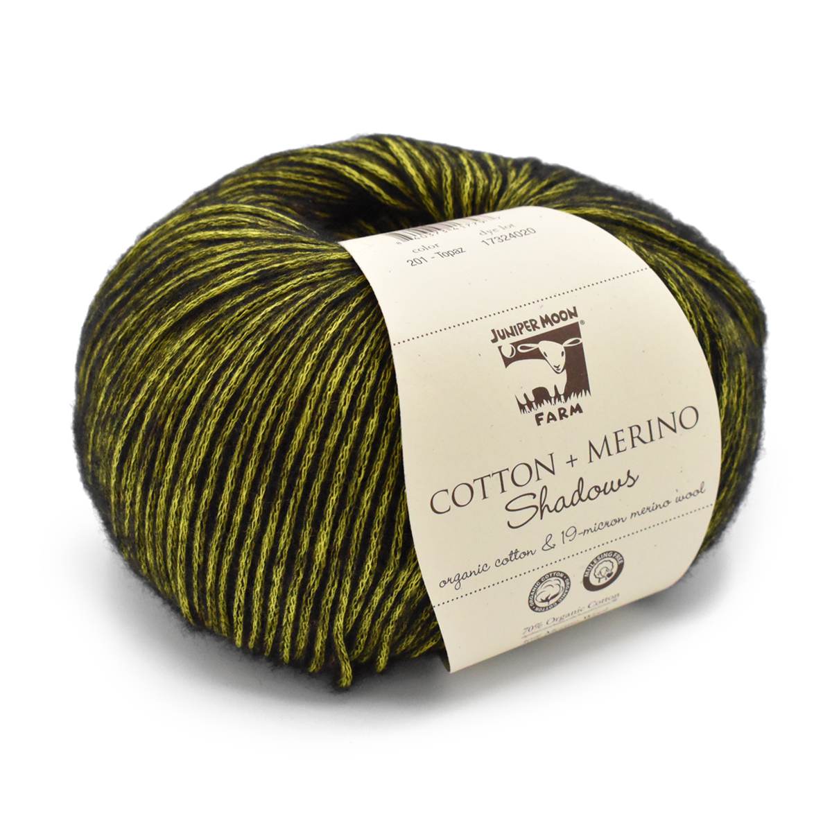 Ball of green yarn with a label on a white background