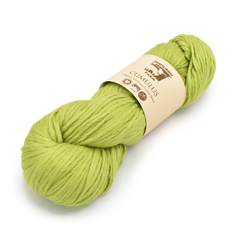 A skein of lime green yarn with a beige paper label reading 'CLIMULUS', photographed on a clean white background.