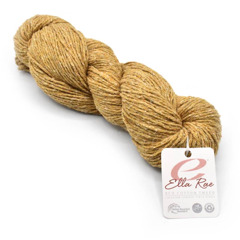 Ball of gold yarn with Ella Rae label on a white background