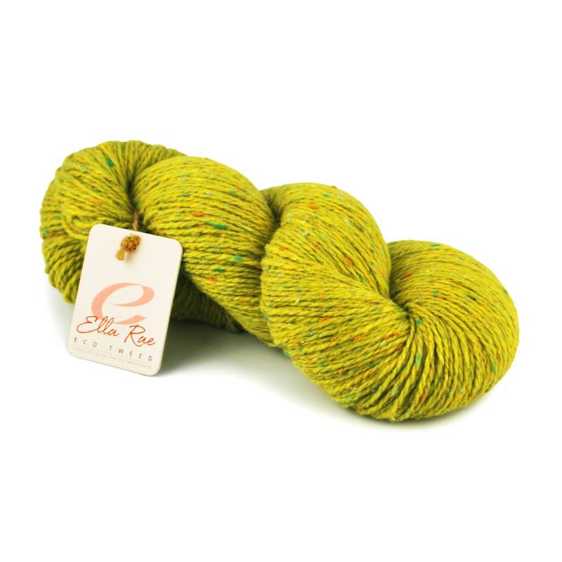 Yellow skein of yarn with a brand tag on a white background