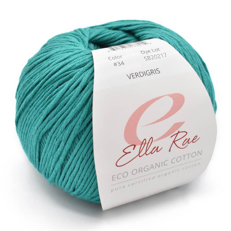 A ball of teal green yarn with a white paper label that reads 'Ella Rae' and 'Verdigris'.
