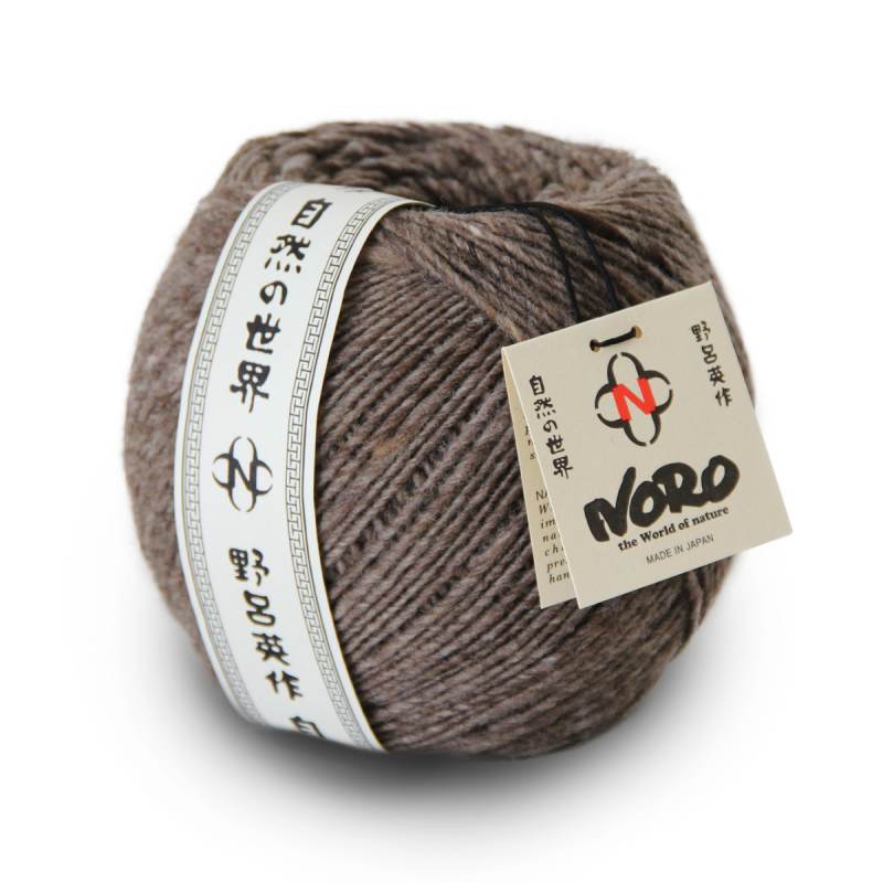 Ball of brown yarn with a Noro label on a white background