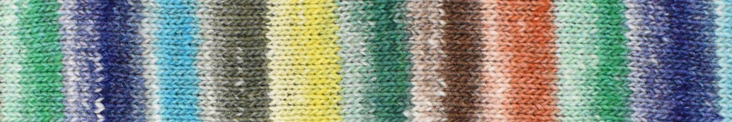 A close-up of a knitted fabric swatch featuring vertical stripes in green, blue, gray, yellow, brown, and red.