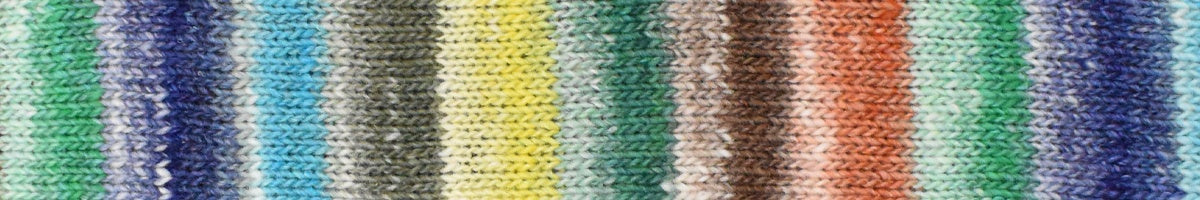 A close-up of a knitted fabric swatch featuring vertical stripes in green, blue, gray, yellow, brown, and red.