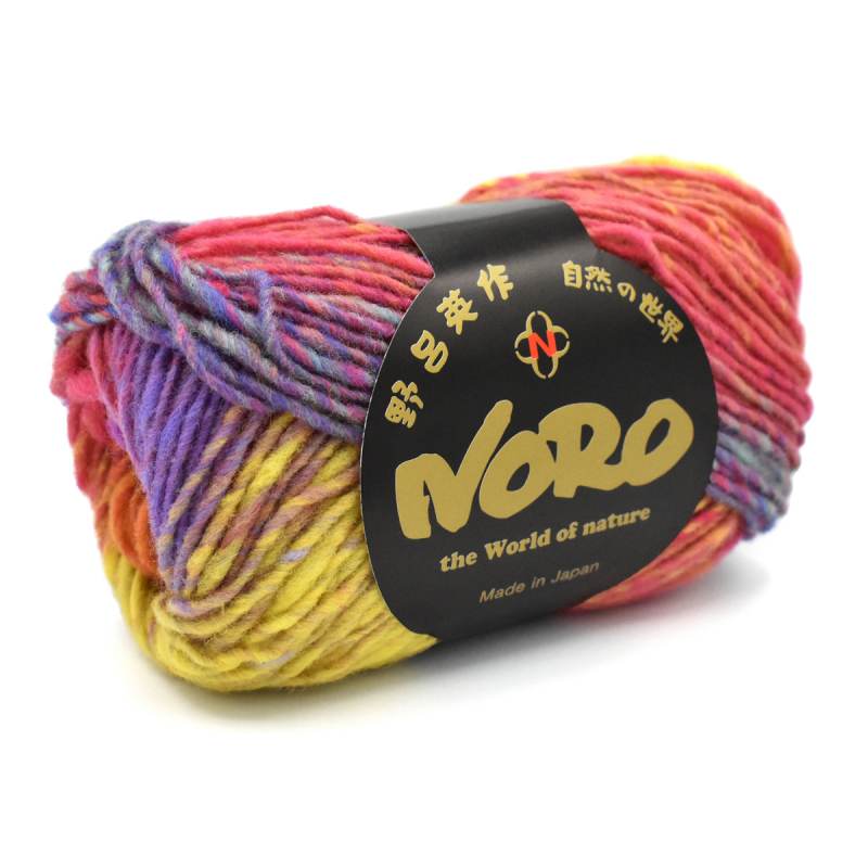 Colorful skein of yarn with a Noro label on a white background