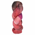 A single twisted skein of variegated yarn in shades of pink, red, purple, and brown, isolated on a white background.
