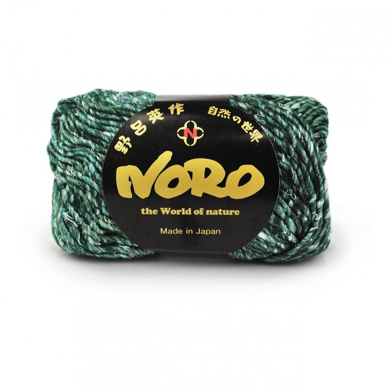 Green skein of yarn with a Noro label on a white background