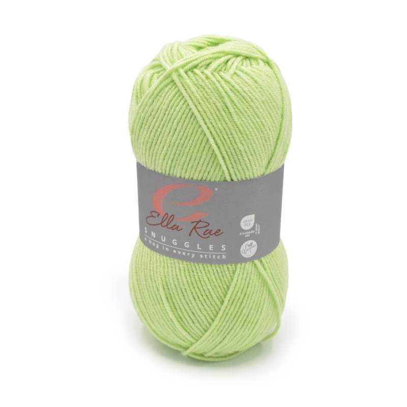 A skein of light lime green yarn with a gray paper label reading 'Ella Rae Snuggles' on a white background.