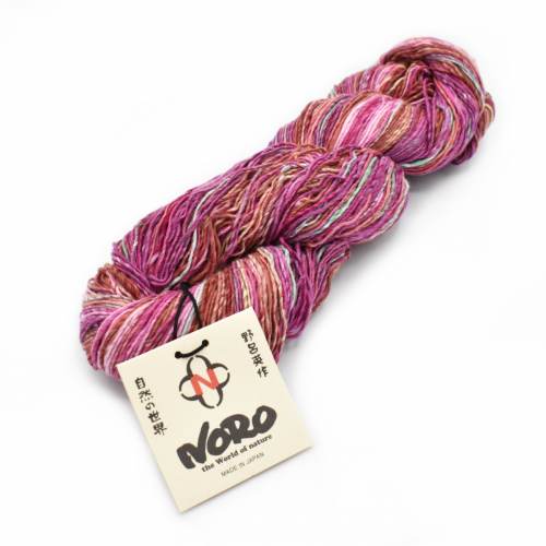 Multicolored skein of yarn with a Noro label on a white background