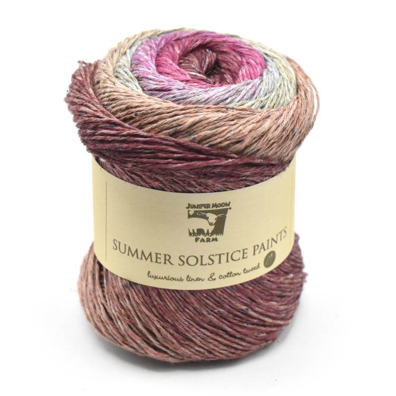 Multicolored yarn skein with a label on a white background