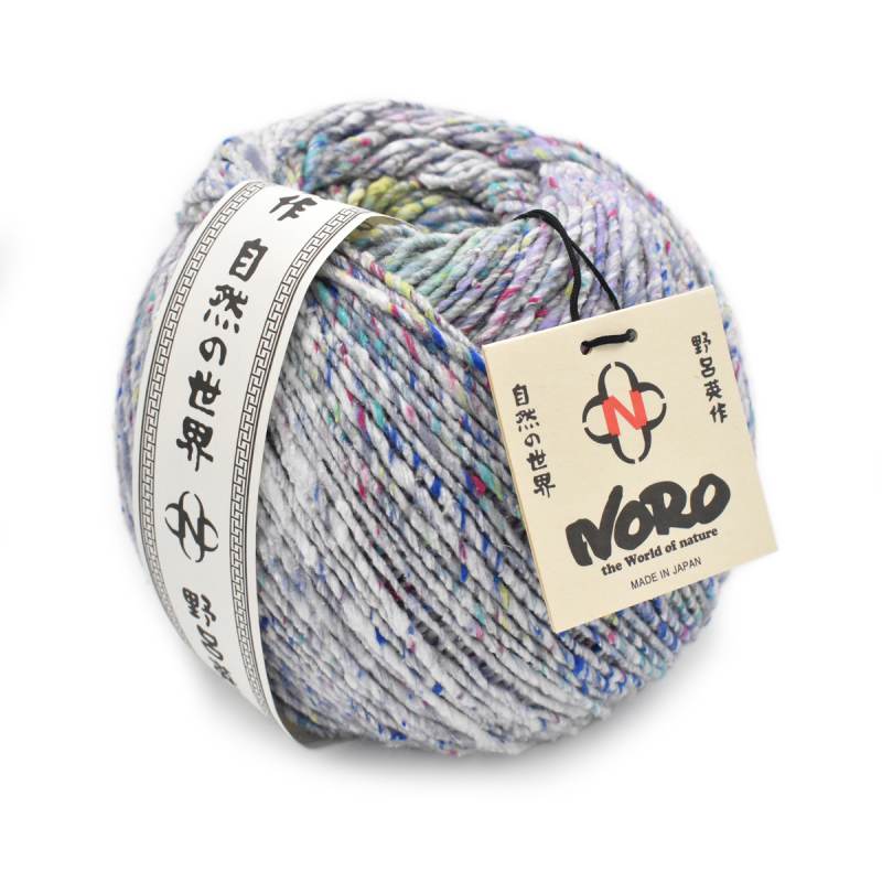 Multicolored yarn ball with a Noro label on a white background