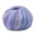 A ball of variegated yarn with blended lavender, light blue, and white fibers, shown against a plain white background.