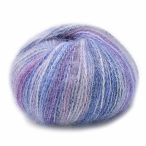 A ball of variegated yarn with blended lavender, light blue, and white fibers, shown against a plain white background.