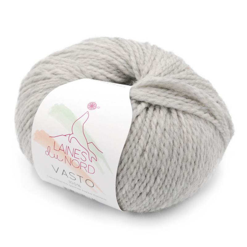 A skein of light gray Vasto yarn by Laines du Nord, featuring a white paper label with pink and green accents, set against a plain white background.