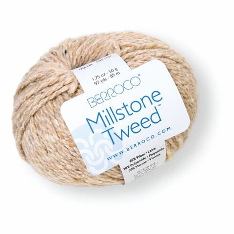 Ball of Berroco Millstone Tweed yarn with a label on a white background
