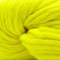 A close-up of bright neon yellow fluffy yarn wound into a skein.