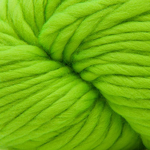 A close-up of bright lime green yarn wound into a skein, showing the soft, plied texture of the fiber.