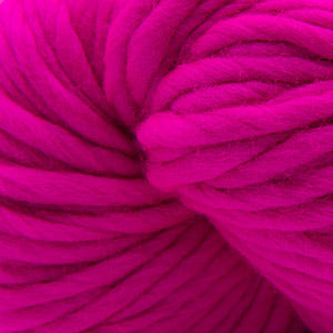 A close-up of bright hot pink yarn wound into a skein, showing the soft, fuzzy texture of the fibers.