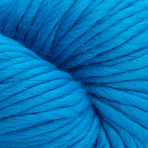 A close-up of bright blue yarn wound into a skein, showing the texture and color of the fiber.